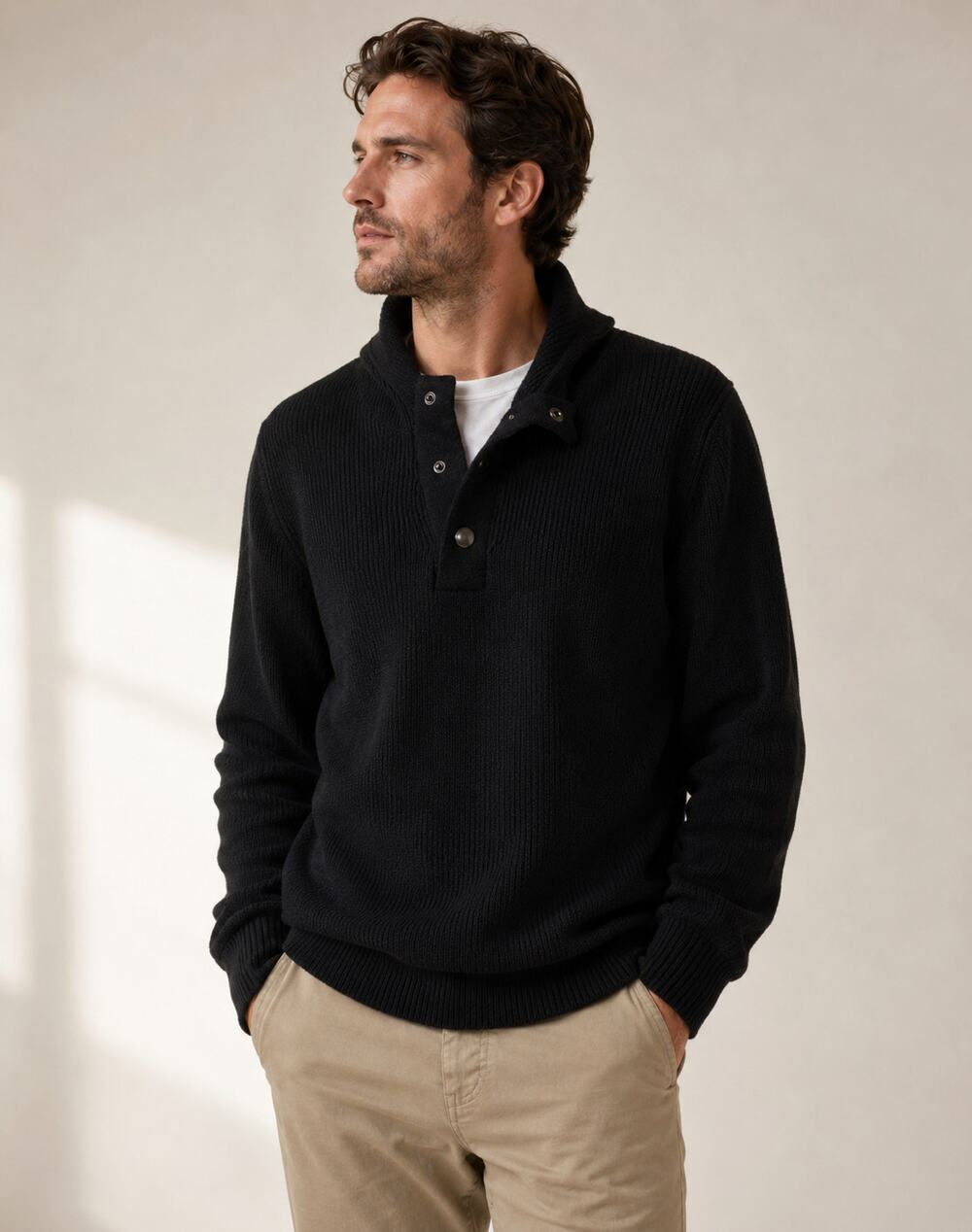 Banana Republic Italian Wool Sweater Hoodie Black Ribbed Popover Snap Neck Men L